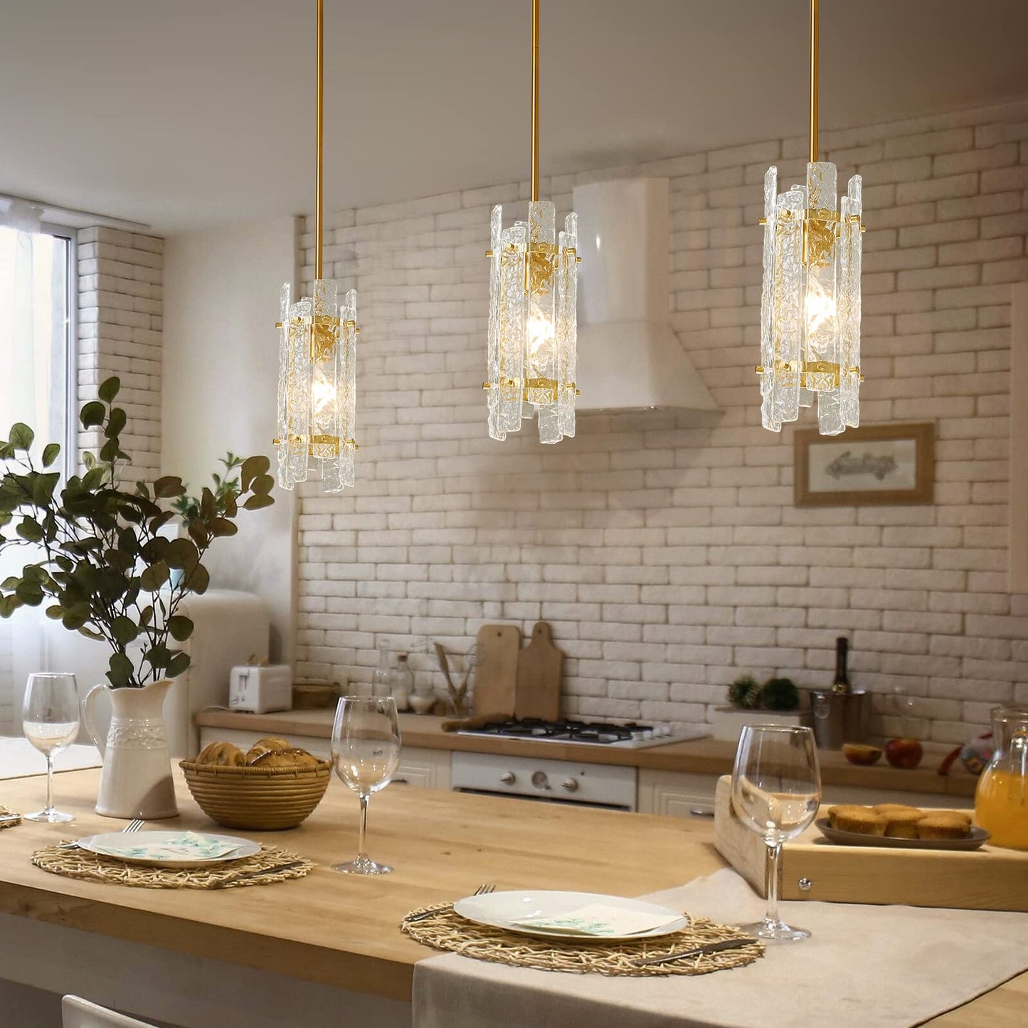 LIANGMH Modern Crystal Pendant Lighting Gold Pendant Lights Mini Glass Chandeliers, Adjustable Pendant Light Fixture for Kitchen Island Bedroom Living Room Dining Room Corridor(3Pack)