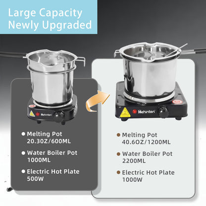 Hehinton Professional Double Boiler Pot 1200ML/40.6OZ, 304 Stainless Steel Chocolate Melting Pot with 1000W Electric Hot Plate, Multi-Functions Warming Melting Pots for Wax Soap Base Candy Cheese Butter
