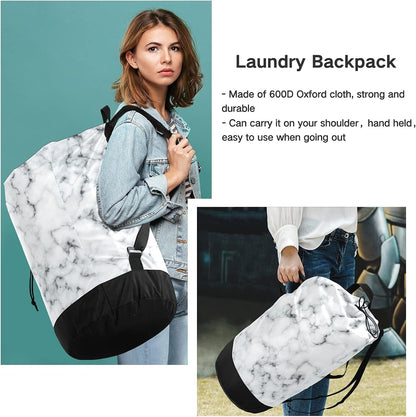 White Marble Laundry Bag, Large Heavy Duty Backpack for College Students, Washable with Shoulder Straps