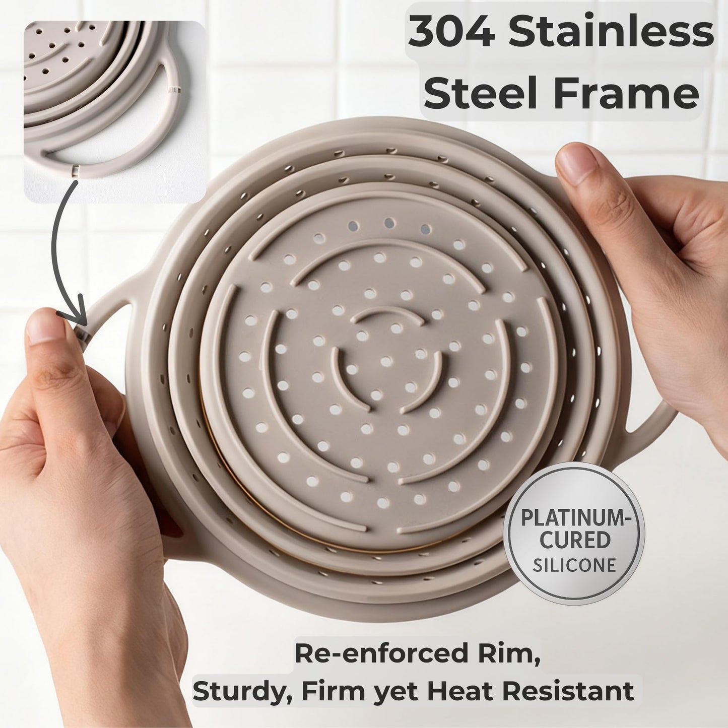 Silicone Colander Set – Collapsible Platinum Silicone Strainer with Stainless Steel Rim, Space-Saving & Heat-Resistant, Dishwasher Safe, BPA-Free by SelectShen™ (3 Pack)