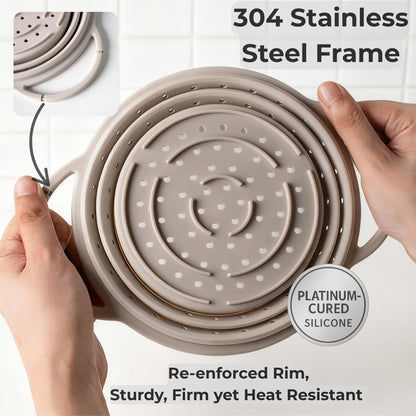 Silicone Colander Set – Collapsible Platinum Silicone Strainer with Stainless Steel Rim, Space-Saving & Heat-Resistant, Dishwasher Safe, BPA-Free by SelectShen™ (3 Pack)