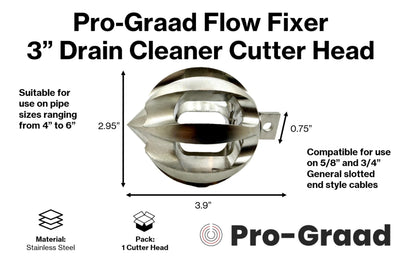 Pro-Graad Flow Fixer 3" Drain Cleaner Plumbing Snake Cutter Head for 4" – 6” Pipes, Clears & Scrapes Pipe Inner Walls, Fits 5/8” & 3/4" Cables, for Commercial & Residential Use