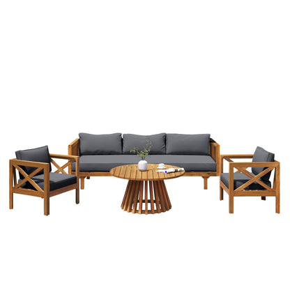 Merax Outdoor 4-Piece Acacia Wood Conversation Set - Patio 3-Seat Loveseat Sofa w/Coushion, 2 Armchair and Round Coffee Table for Backyard, Lawn, Balcony, Teak + Gray