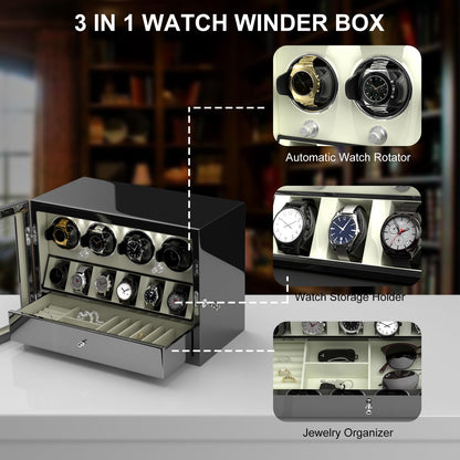 DUKWIN Watch Winder for 4 Automatic Watches, White Lockable Watch Winders with Extra Watch Storage, Jewelry Storage, 4 Rotation Modes, LED Light, Super Quiet Mabuchi Motor and Spring Watch Pillows