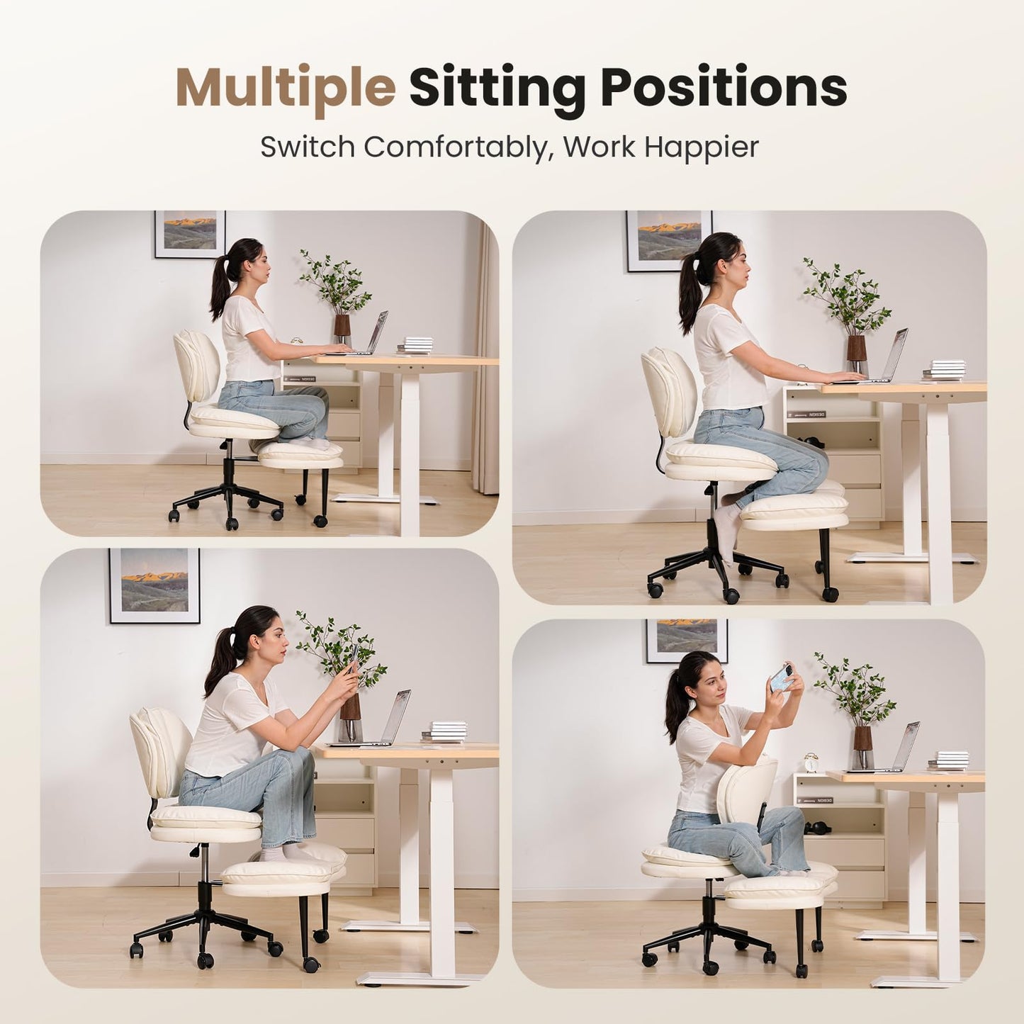 HOMRELEXA Extra-Wide & Tall Cross-Legged Office Chair – Deeply-Padded Cloud Seat, Ergonomic Back Support, Adjustable Height for ADHD & Meditation, White