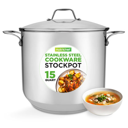 NutriChef 15-Quart Stainless Steel Stock Pot with Tempered Glass Lid - Induction Compatible Large Stockpot, Ideal for Stews & Soups, Dishwasher Safe - NCSP16