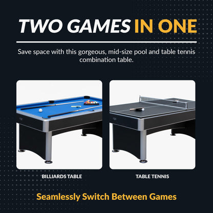 Hathaway Maverick II 7 Foot Pool Table with Table Tennis Top – with Accessories for Both Games – Space-Saving Ping Pong and Pool Table Combo for Families – Matte Black Finish, Blue Felt