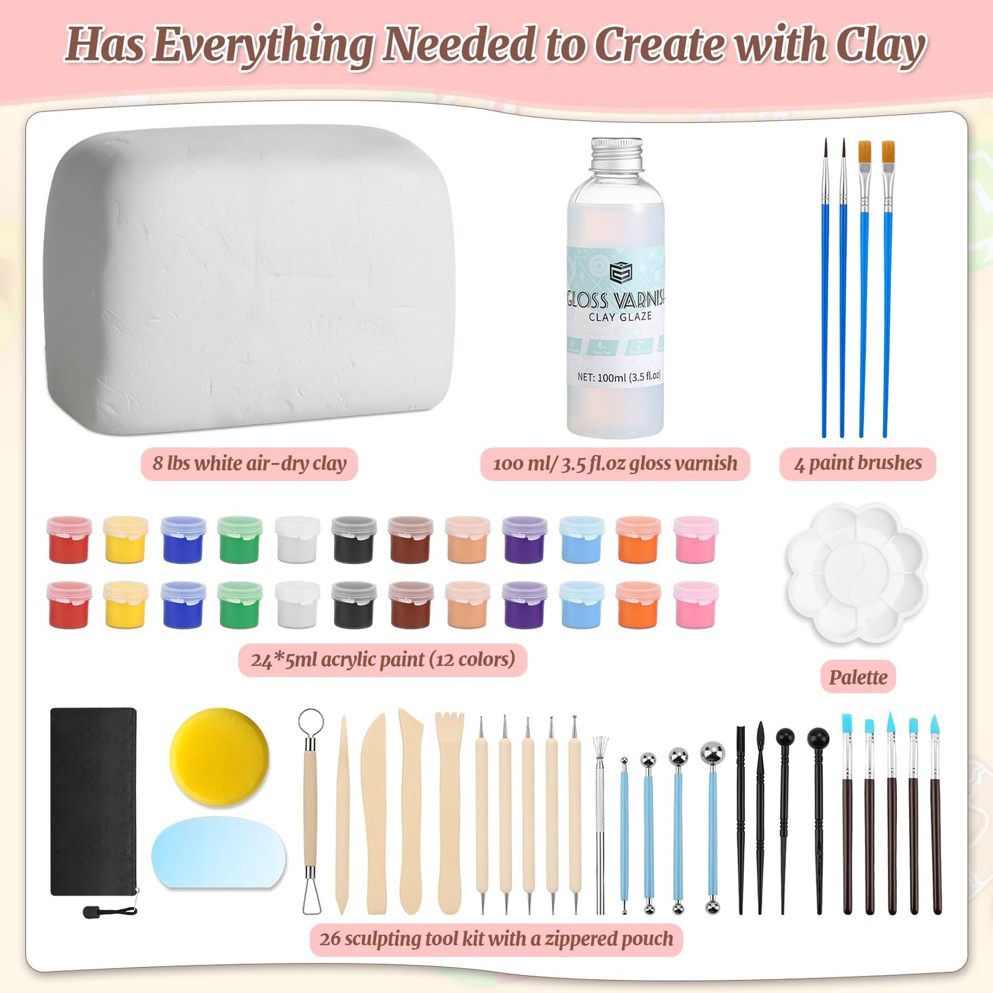 Natural Air-Dry Clay, 8 LBs Pottery Clay with 100ML Glaze Gloss Clay Varnish Protects and 27 PCS Pottery Tools Sculpting Tool Set, Air-Dry Clay Kit for Adults Beginner DIY Craft Gift