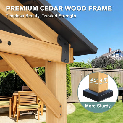 COOS BAY 13x15 Hardtop Gazebo with Cedar Wood Frame, Post-and-Beam Gazebo Shelter, Galvanized Steel Gable Roof Outdoor Pavilion for Garden, Lawn, Poolside, Patio, Deck, Natural Wood/Black