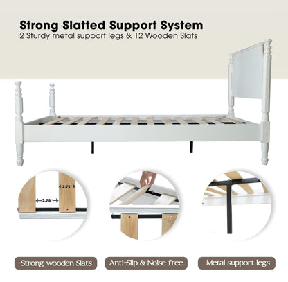 Solid Wood Queen Size Platform Frame, Headboard & Footboard, No Box Spring Needed, 12 Wooden Slats, Center Metal Legs, Slip-Free, Simple Assembly, Under Bed Storage, Pure White Finish, ROQ-39