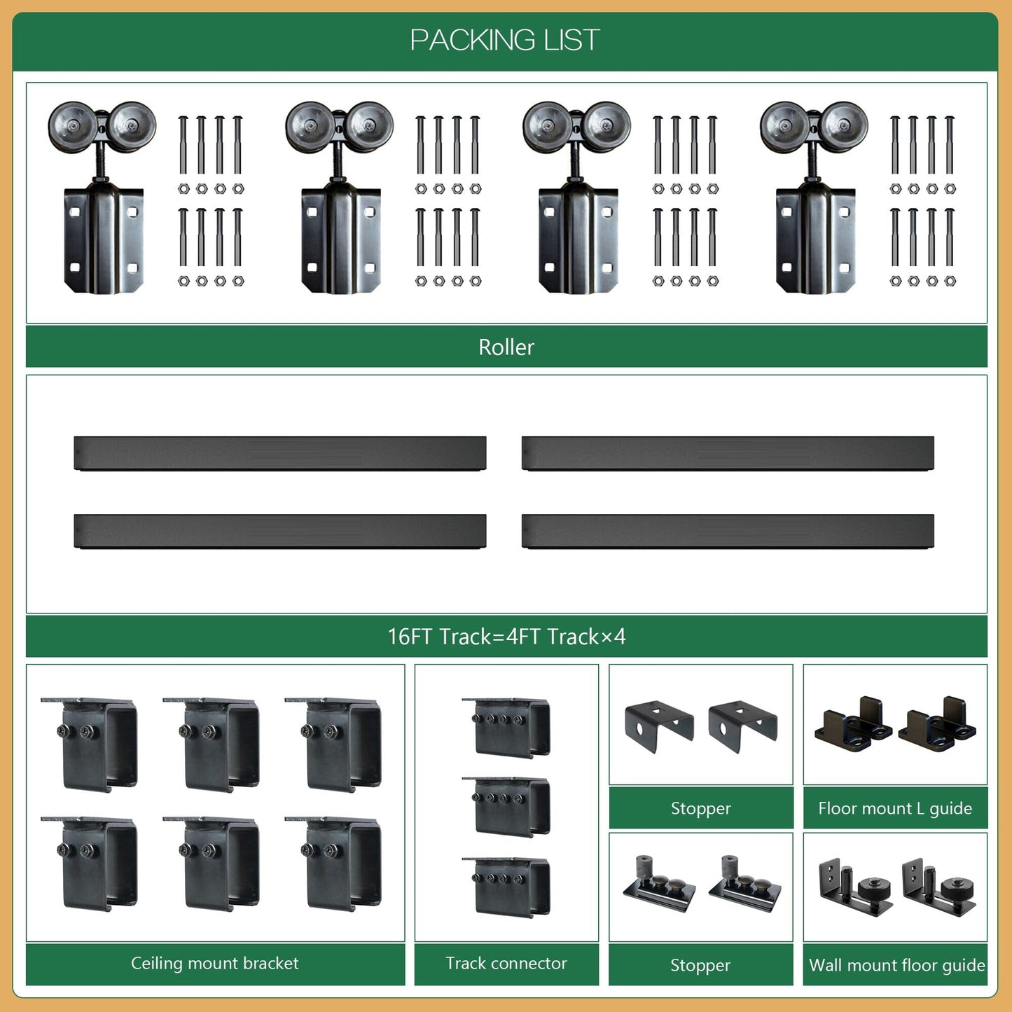 DIYHD 16FT Ceiling Mount Outdoor Double Sliding Barn Door Hardware,Heavy Duty Box Track Kit for Exterior Use,Max Load 300lbs,Fit 2 X48 in Doors (Hardware Only,No Door)