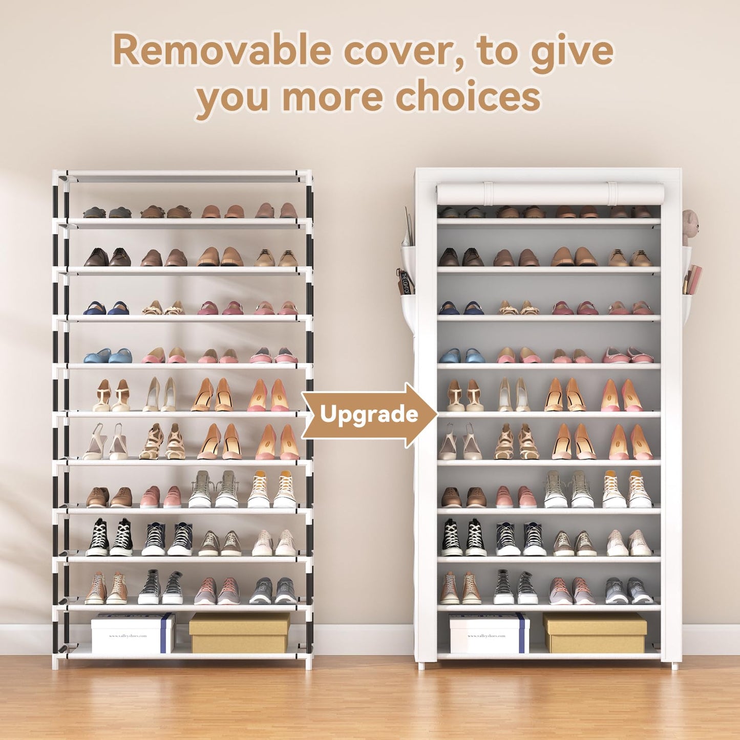 ROJASOP Shoe Rack with Covers 10 Tier Large Shoe Organizer Tall Shoe Closet Storage for 50-55 Pairs Shoe and Boot, Free Standing Shoe Rack Organizer for Closet, Entryway, Bedroom, White
