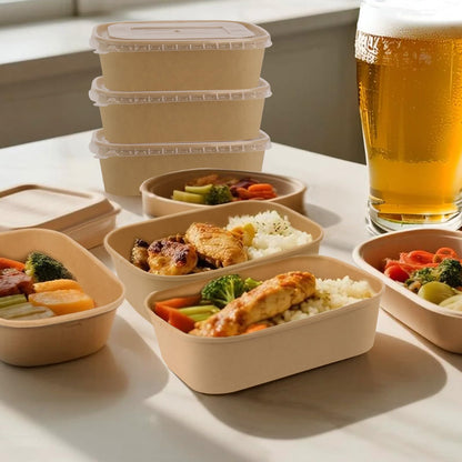 DeziWood 50 Pack 25 oz Paper Food Containers with Lids, Meal Prep Containers Disposable Large Paper Bowls, Microwavable and Freezer Storage Use Cardboard Food Containers
