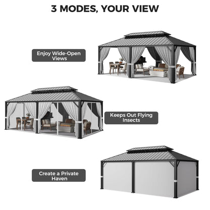 IRONCK 20'x12' Hardtop Gazebo, Update Aluminum Frame Gazebo with Galvanized Steel Double Roof, Outdoor Pergola with Curtain and Net, Backyard Canopy for Garden, Deck, Gray and Black