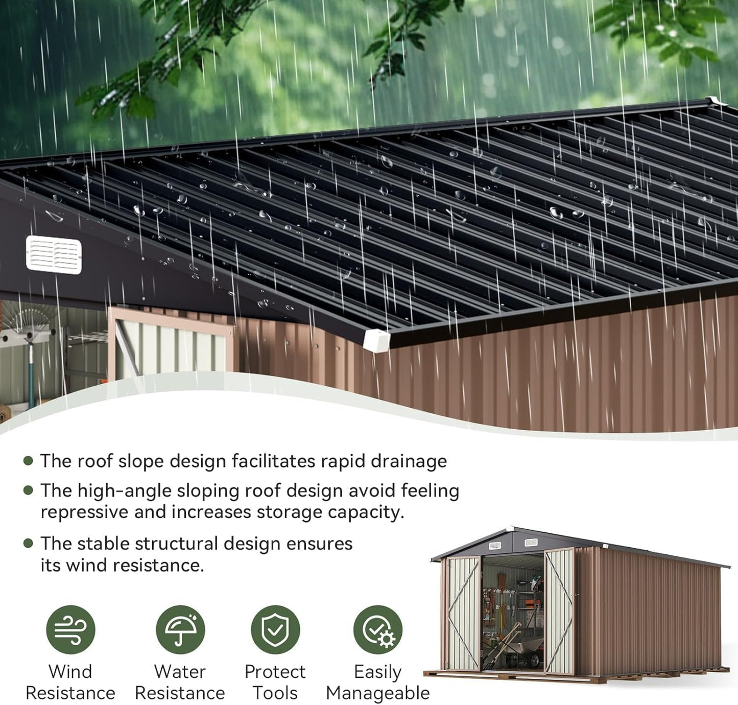 Aoxun 10 x 12FT Outdoor Storage Shed with Double Hinged Large Door Metal Sheds Outdoor Storage for Garden Utility Garden Shed with Lockable Door & Sloped Roof, Backyard, Patio and Backyard, Brown