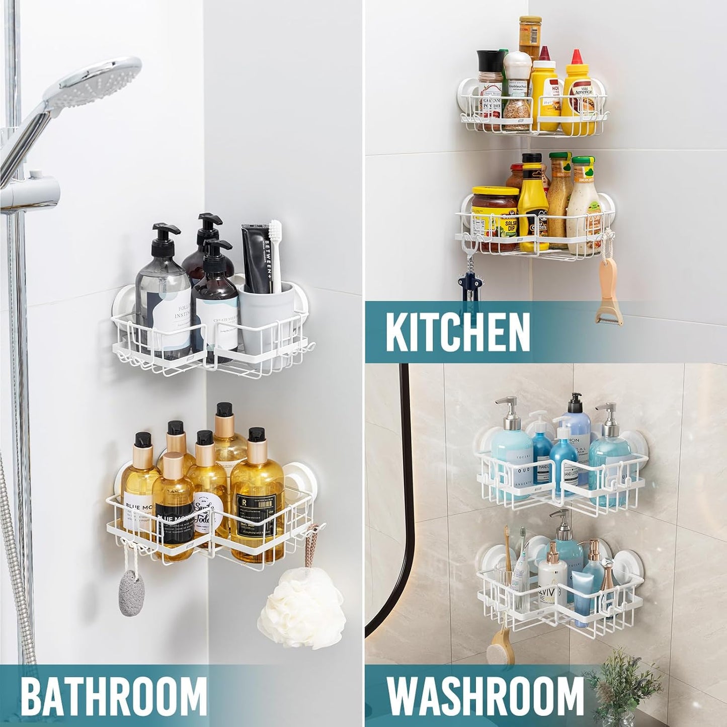2 Pack, TAILI Corner-adaptive Suction Cup Shower Caddy Stainless Steel Rustproof Corner Shower Shelves, Drill-Free Wall