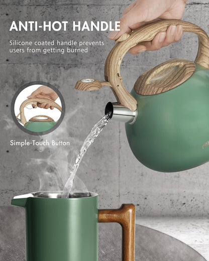 2.7 (JX2020-SB30) Poliviar Tea Kettle, Quart Seaweed Green Finish with Wood Pattern Handle Loud Whistle Food Grade