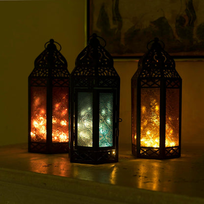 LampLust Moroccan Lantern with Lights - 11 Inch Decorative Indoor Lantern with LED Fairy Lights, Black Metal & Red Glass