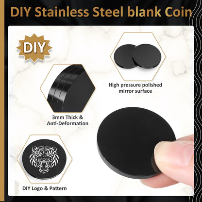 12pcs 1 1/4" Black 304 Stainless Steel Challenge Coin Blanks 1/8" Thick with Acrylic Protection Box Laser Engraving Hand Stamping DIY Crafts Birthday Commemorative (32mm)