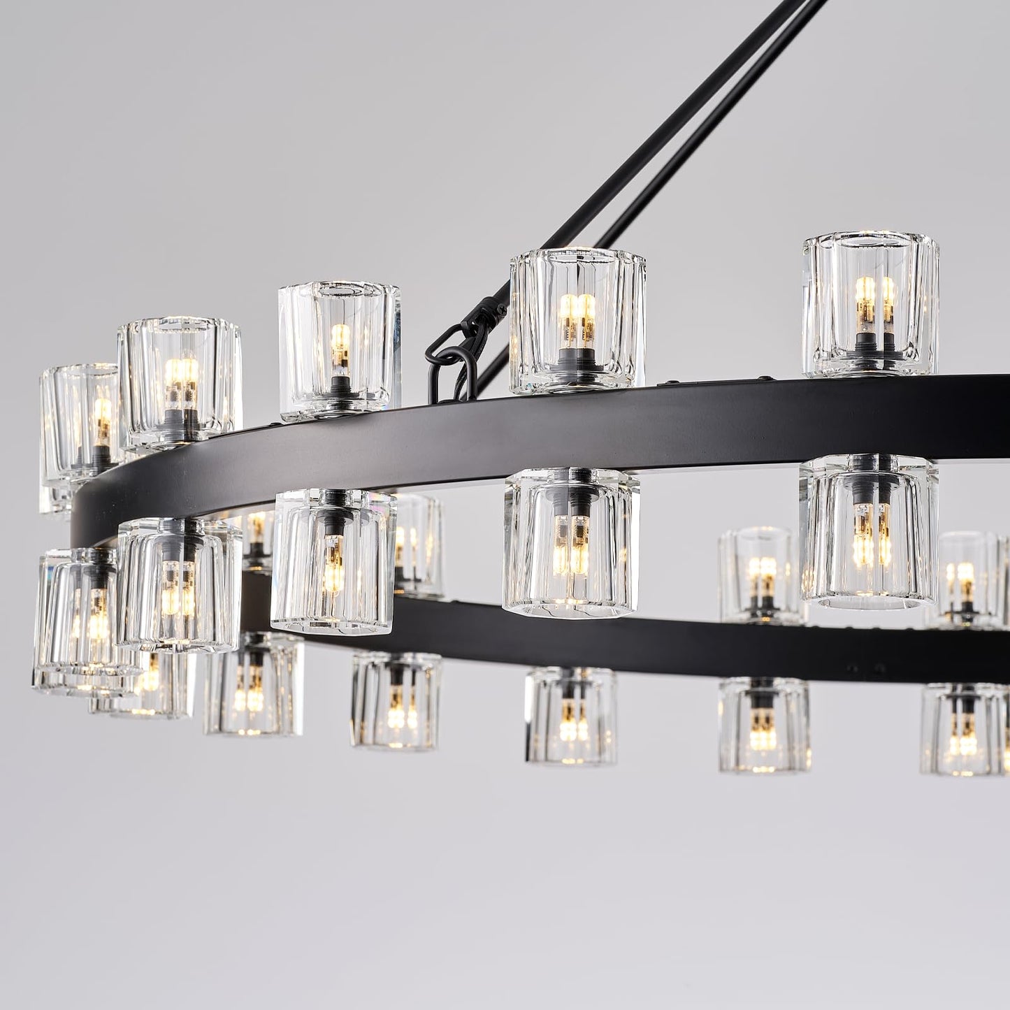 Plsintly 48 Inch Black Wagon Wheel Chandelier with Crystal Shade, Crystal Chandelier, Modern Farmhouse Style, Ideal for Dining Room, Kitchen, Entryways,48 Lights (Bulbs Included)