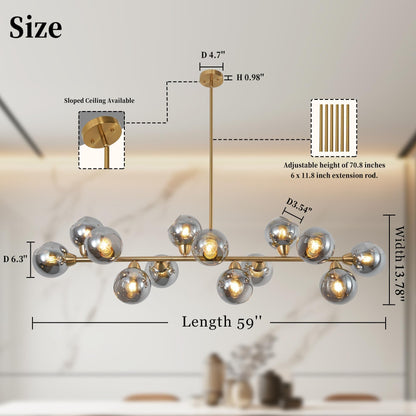 Lzawvm Linear Chandeliers Dining Room Gold Sputnik Chandelier 13-Lights Modern Glass Globe Chandelier 59 Inch 13 Lights Linear Dining Room Light Fixture