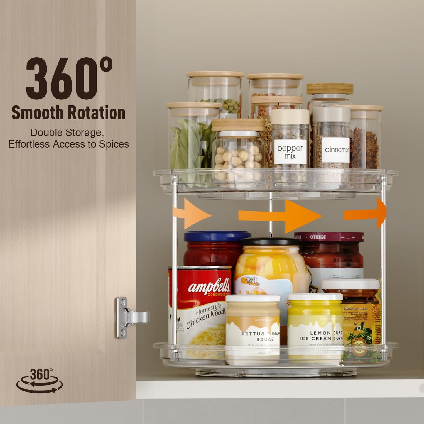 LazySpin 2 Tier Lazy Susan Organizer, 9.25'' Lazy Susan Turntable for Cabinet, Stackable Turntable Organizer Rotating Spice Rack Organization for Kitchen Countertop, Pantry, Bathroom, Clear