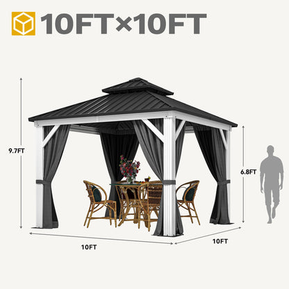 DWVO 10x10ft Hardtop Gazebo Double Roof Canopy Outdoor Galvanized Roof Aluminum White Gazebo with Netting and Curtain Garden Tent for Patio, Backyard Deck