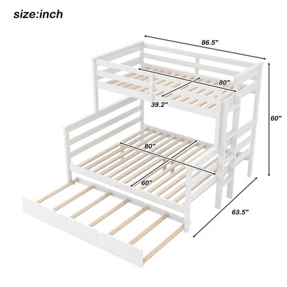 Merax Twin XL Over Queen Bunk Bed Wood Detachable Bunk Bed with Trundle & Ladder, Multifunction Bunk Bed with Full Length Gardrails, No Box Spring Needed,Space Saving,White