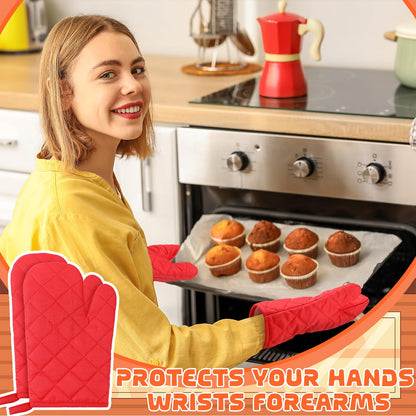 6 Pairs Heat Resistant Oven Mitts Kitchen Oven Gloves 11 Inch Long Quilted Cotton Polyester Kitchen Gloves for Cooking, Baking, Grilling BBQ (Red)