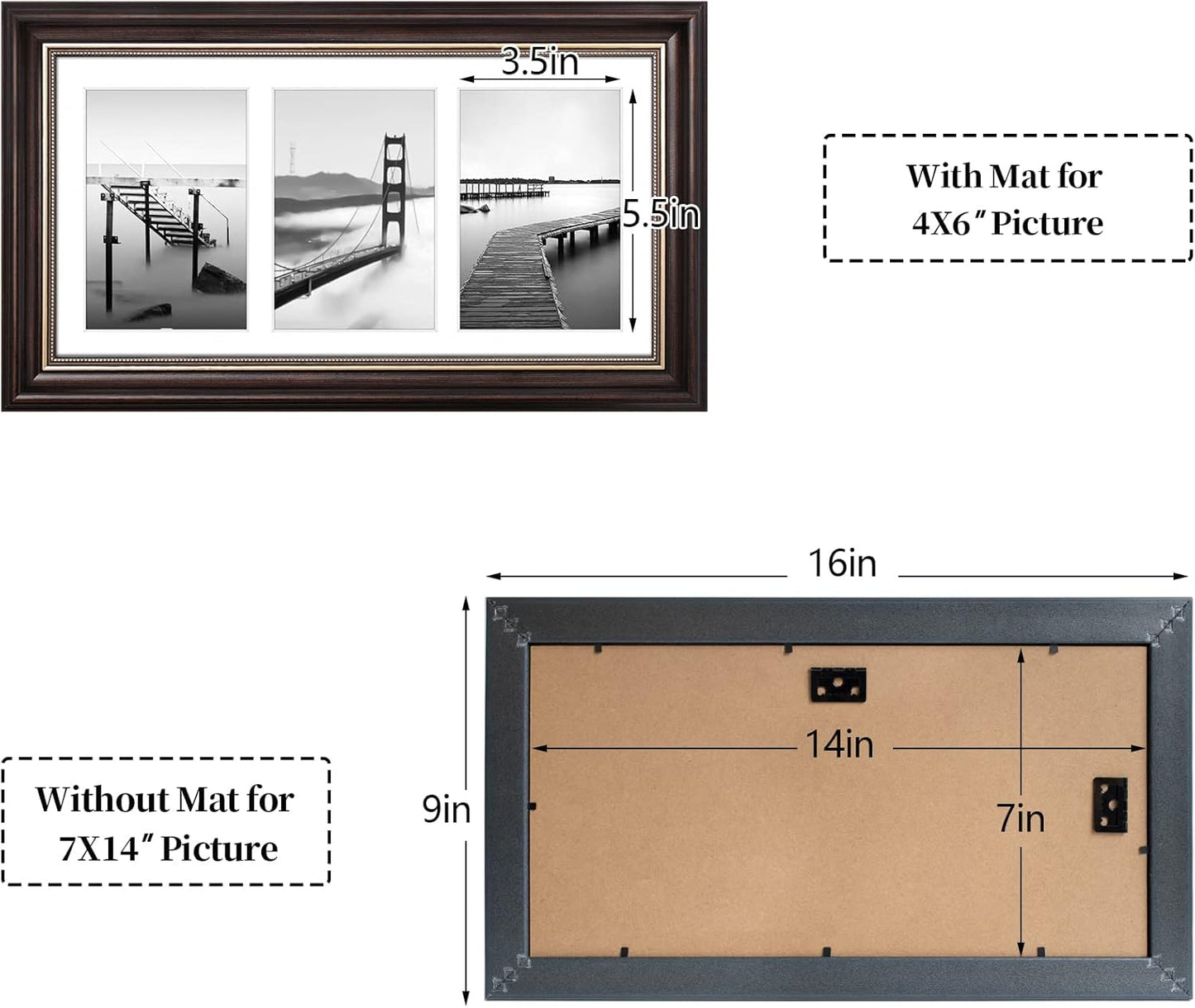 Space Art Deco 7x14 Collage Picture Frame with 3 Openings for Three 4x6 Photos or 7x14 Prints, Dark Brown/Ornate Gold
