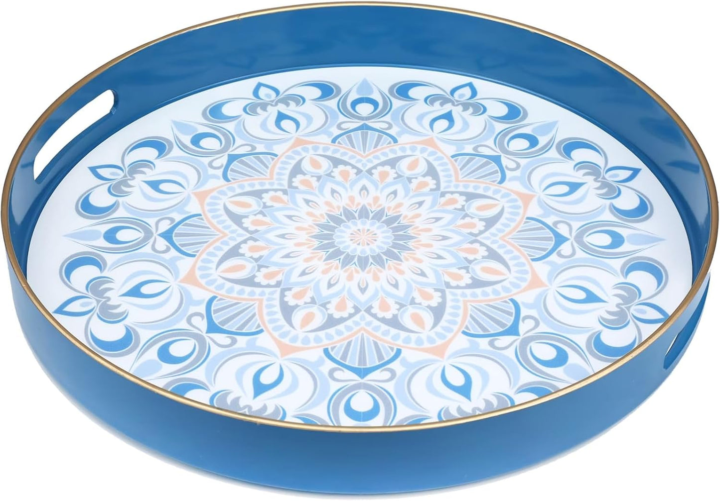 13 Round Blue Decorative Tray for Coffee Table, Ottoman, Plastic Serving Platter Tray with Handles for Entertaining