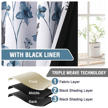 H.VERSAILTEX 100% Blackout Curtains 84 inch Length 2 Panels Set Cattleya Floral Printed Drapes Leah Floral Thermal Curtains for Bedroom with Black Liner Sound Proof Curtains, Grey and Blue