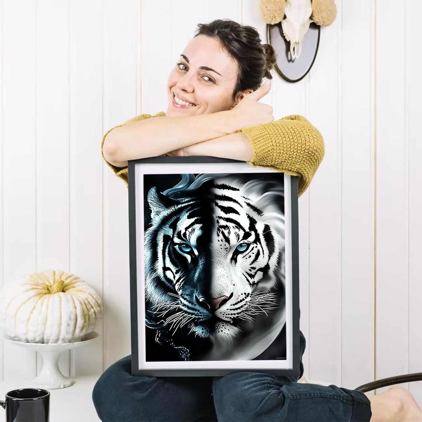 HMDIIMGE Animals Diamond Painting Kits for Adults, Black and White Tiger Diamond Painting Art Kit for Adult, DIY Full Drill Gem Art with Diamonds for Home Wall Decor Gifts 12x16 Inch