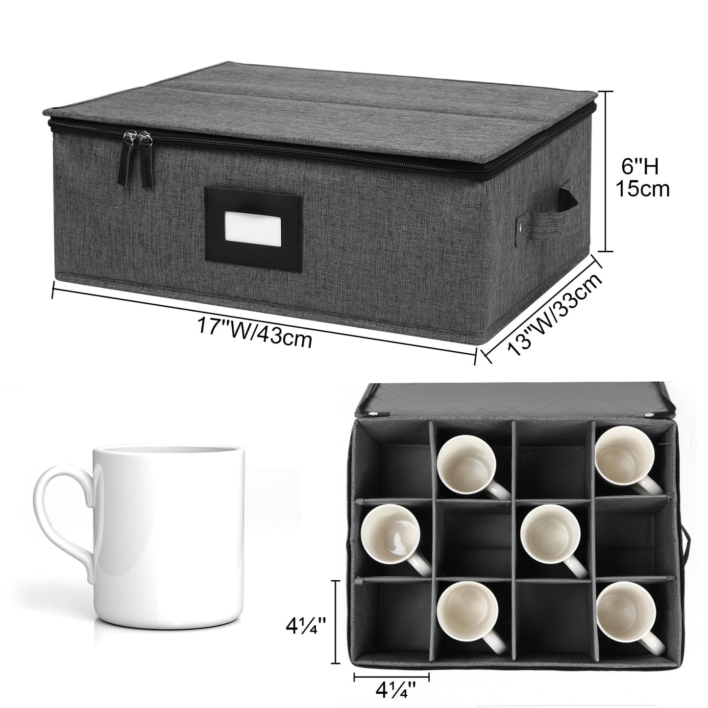 Mayniu 2 Pack Mug Storage Box with Dividers, Hard Top Cup Storage Containers for Coffee Mug & Tea Cup, Stackable Coffee Mug Storage Organizer with Zipper Lid & Rivet Reinforced Handles – Black