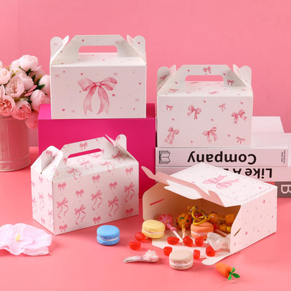 48 Count Pink Bow Treat Boxes Party Favors - 6x3.5x2.9 Inch Goodie Gift Boxes, Cute Bow Themed Candy Dessert Boxes for Birthday, Bridal & Baby Shower, Bachelorette, Engagement Party Supplies,4 Assorted Designs