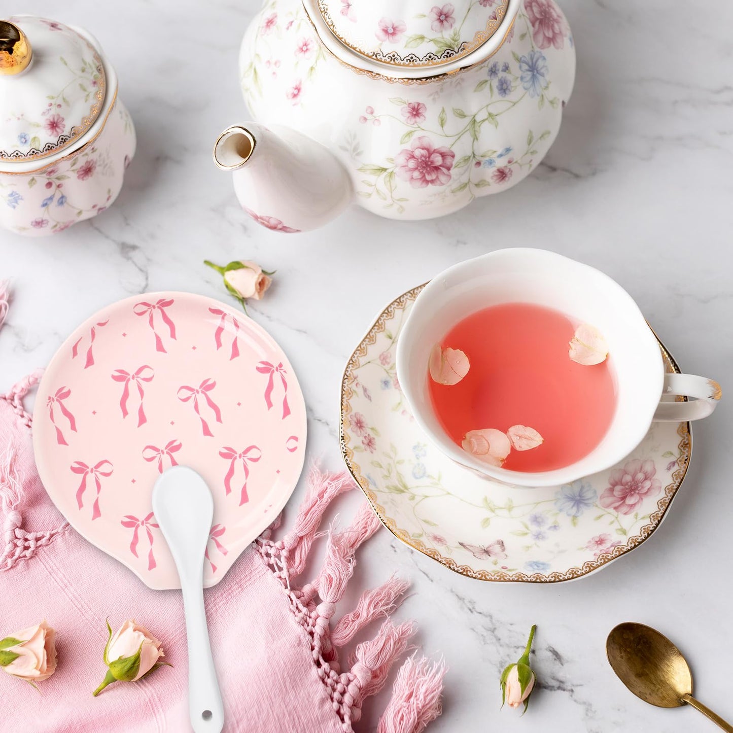 JarThenaAMCS 4.7inch Valentine's Day Pink Bow Spoon Rest Bowknot Small Coffee Ceramic Spoon Holder for Gift Coffee Stirrers Station Teaspoon Bar Stove Top Kitchen Counter Accessories