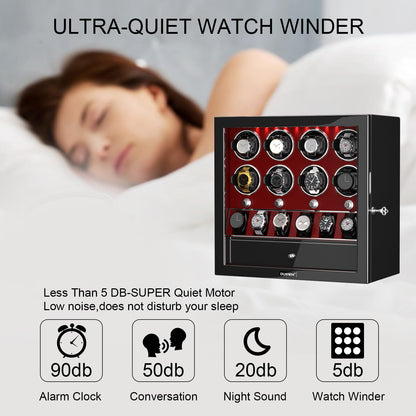 DUKWIN Watch Winder, Lockable Watch Winders for 8 Automatic Watches with Extra 6 Watch Storage, Jewelry Storage, 4 Rotation Modes, LED Light, Super Quiet Mabuchi Motor and Spring Watch Pillows, Red