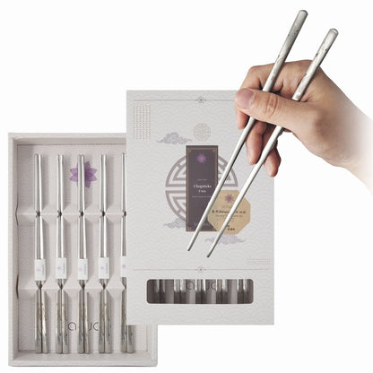 BALWOO Korean Flat Chopsticks [5 Sets][Made in Korea] 304 Premium Stainless Steel Mukbang Utensil Cutlery Silverware Metal Chopsticks (Orchid Painting)