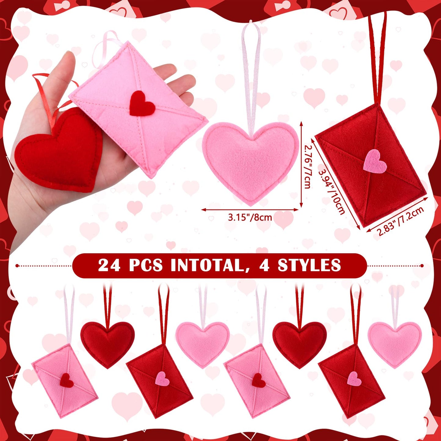 HunnmingRe 24 Pcs Valentine's Day Felt Heart and Envelope Ornaments, Red and Pink Hanging Heart Shaped Baubles for Valentines Day Tree Decor, Wedding, Anniversary, Party Decor, DIY Crafts