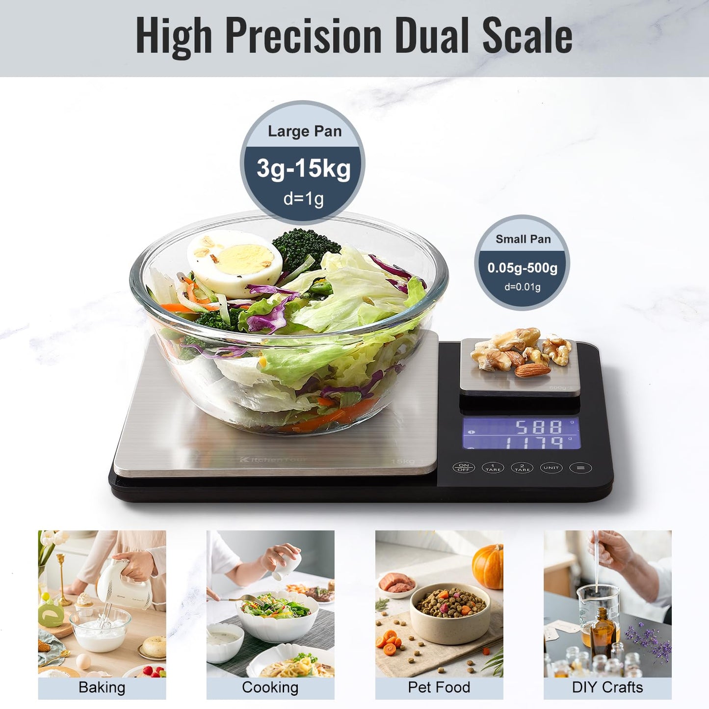 KitchenTour Dual Platform Food Scale, 0.001oz/33lb Precision Smart Kitchen Scales Digital Weight Grams and Ounces for Home Cooking Baking Meal Prep Sourdough Bread, Stainless Steel