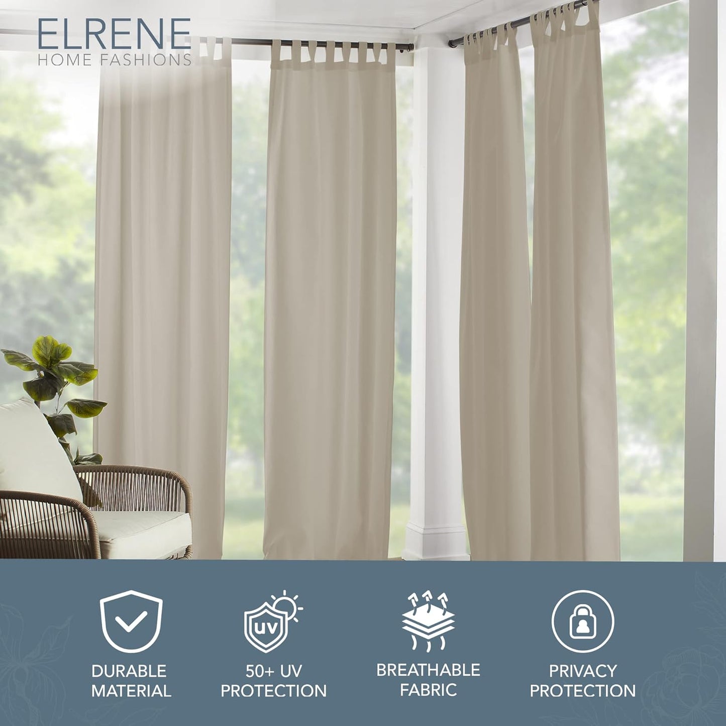 Elrene Home Fashions Matine Weatherproof Tab-Top Indoor/Outdoor Curtain Panel, 52”W x 108”L, Taupe