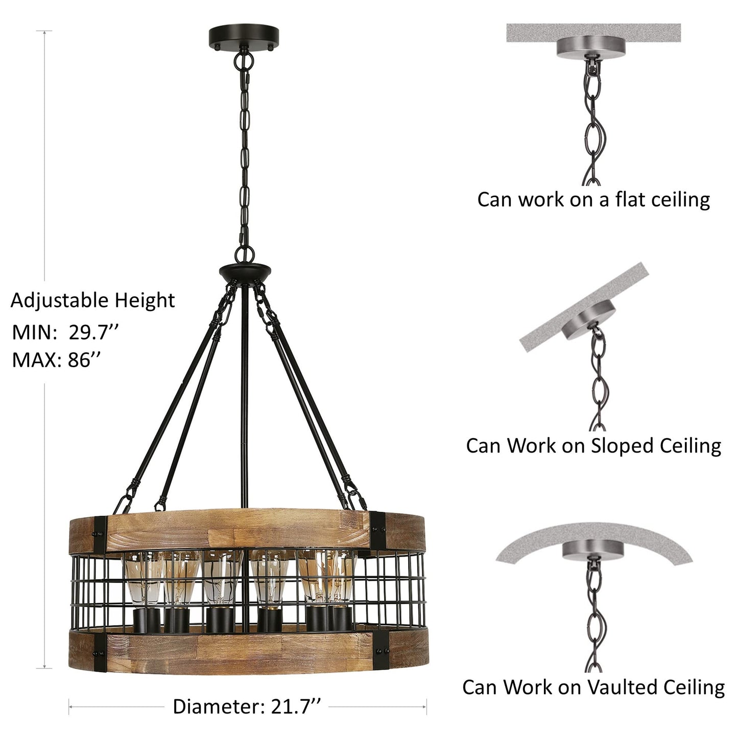 ACNKTZ 6-Light Farmhouse Chandelier for Entryway, Rustic Dining Room Light Fixtures, Industrial Drum Hanging Lighting for Kitchen Island Foyer, Black Wood and Black Metal Finish