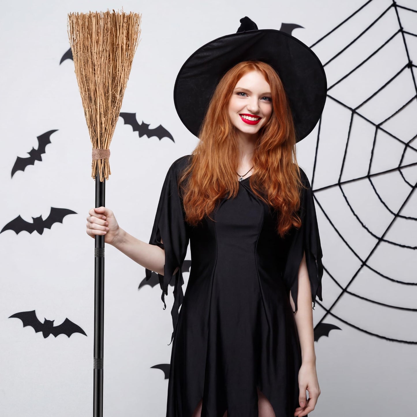 ADXCO 12 Pieces Halloween Costume Accessories Set with 6 Halloween Retractable Witch Broom and 6 Cosplay Witch Hats Decorations Straw Bamboo Witch Broomstick Plastic Broom Props for Party Decoration