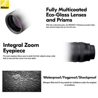 Nikon PROSTAFF 3 16-48x60mm Fieldscope Outfit | Lightweight Spotting Scope with Zoom Eyepiece, Multicoated Optics & Eco-Glass Lenses | Waterproof Fogproof Shockproof Design with Tripod & Carry Case