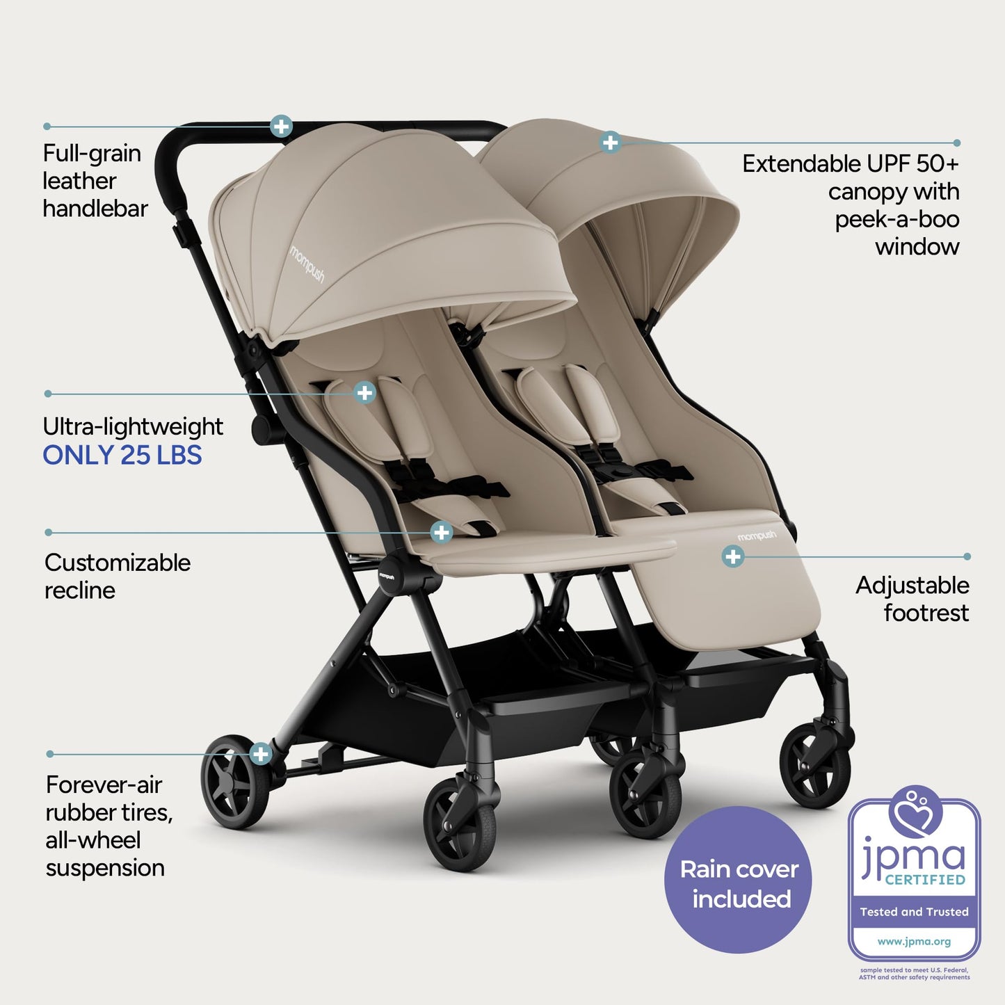 Mompush Lithe Double Stroller for Infant and Toddler, Lightweight Side by Side Twin Stroller, Only 25 lbs, 30-Inch Slim Fit Through Doorways, One-Step Fold, Independent Recline, UPF 50+ Canopy