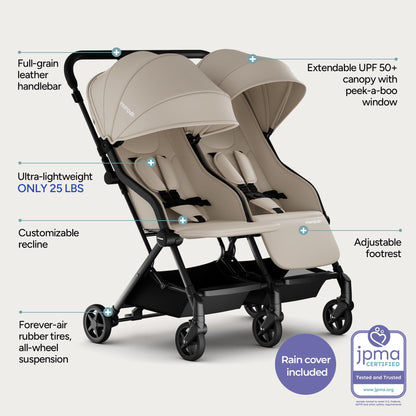 Mompush Lithe Double Stroller for Infant and Toddler, Lightweight Side by Side Twin Stroller, Only 25 lbs, 30-Inch Slim Fit Through Doorways, One-Step Fold, Independent Recline, UPF 50+ Canopy
