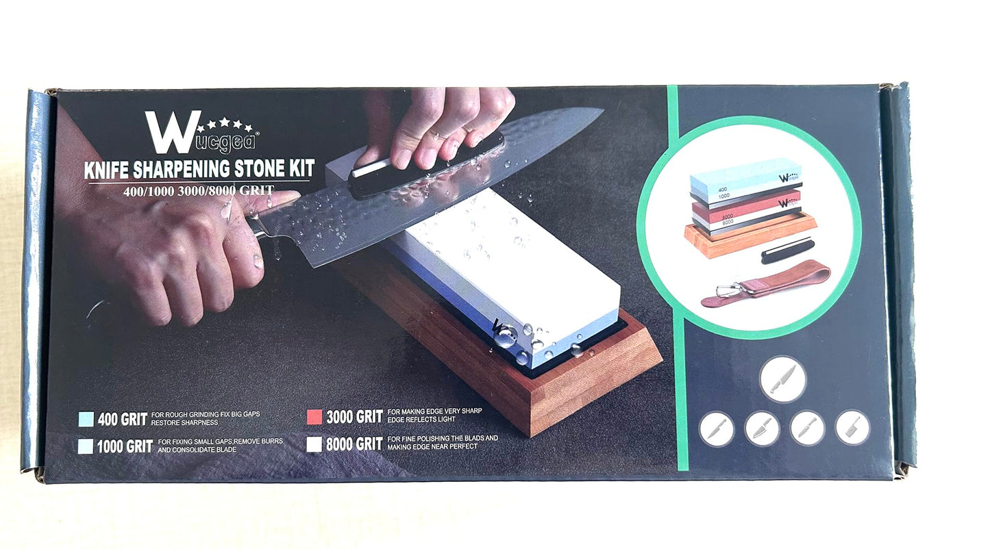 Wucgea Knife Sharpening Stone Kit - 400/1000 3000/8000 Grit Japanese Whetstone Set with Non-Slip Rubber Base, Angle Guide, Flattening Stone and Leather Strop