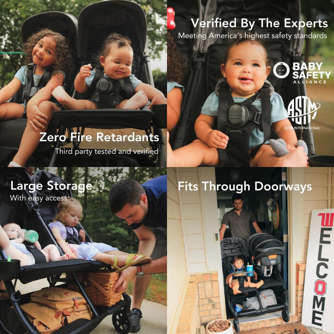 Strolee Lightweight Double Side by Side Stroller - 22 Lbs, 9.5" Compact Fold, Twin Nap Ready Seating, No Rethread Harness, Magnetic Buckle & Ultra Plush Seat 60Lb Max Per Seat- (v2 Shadow)