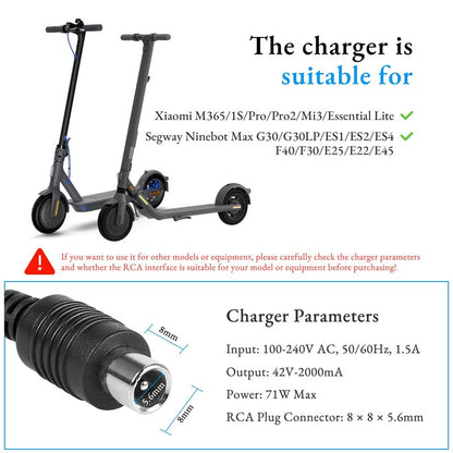 LUCK4U Electric Scooter Charger 42V 2A Power Adapter for Xiaomi and Segway Ninebot Multiple Security Protection Universal Lithium Battery Power Supply - US Plug