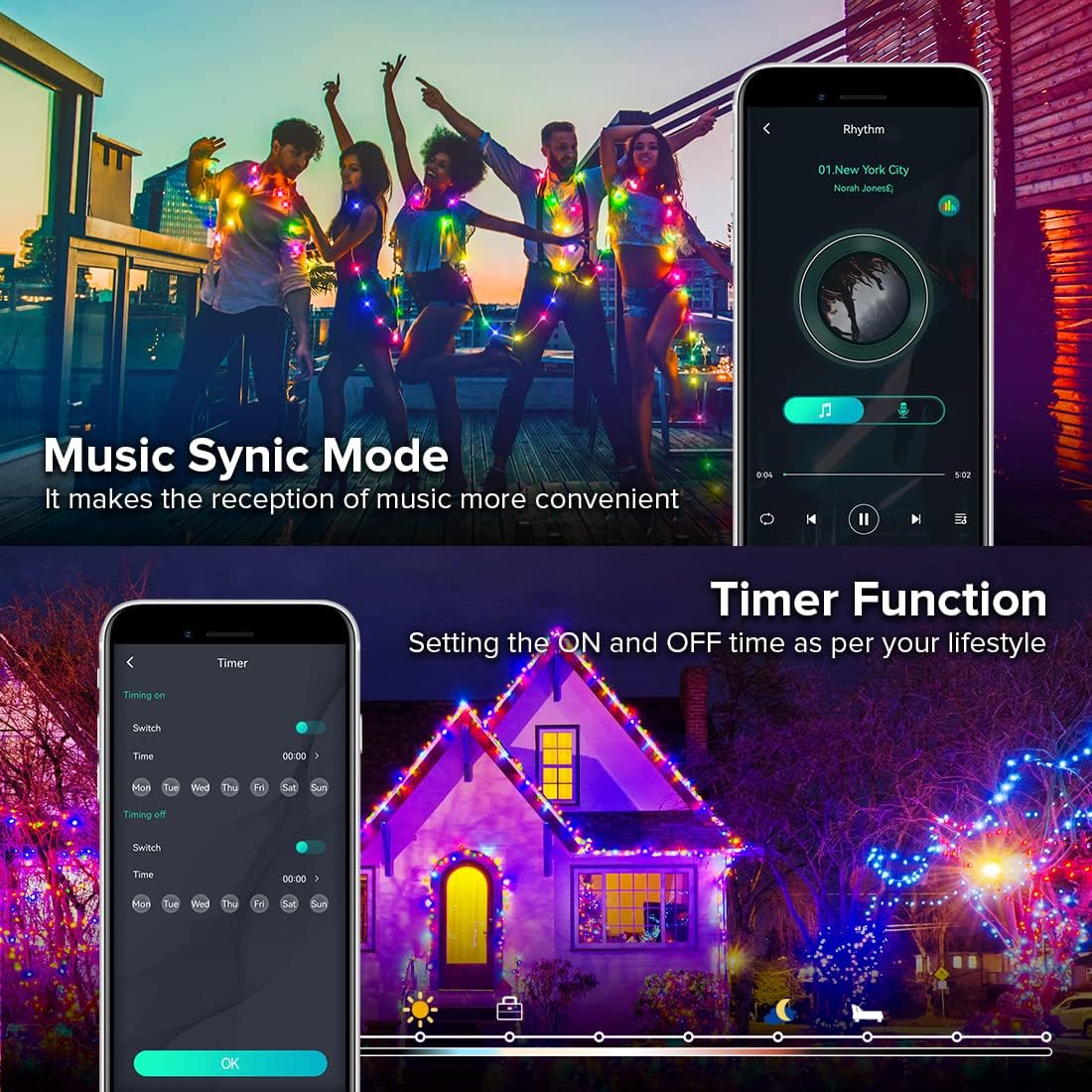 WS2812B 6.5FT IP65 Smart Fairy String Lights RGB IC IC USB Bluetooth Twinkle with Timer and Remote, Music Sync Funny